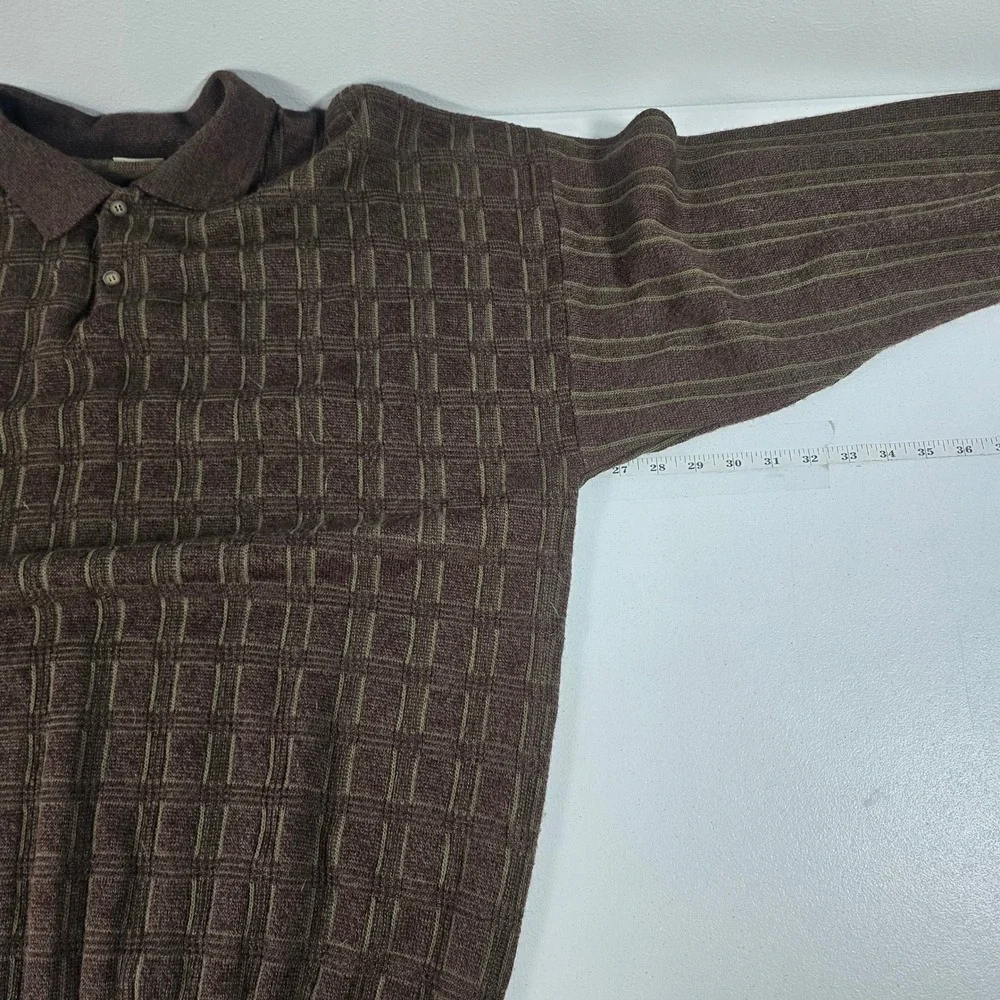 Fieldmaster Mens XL Brown Textured Grid Wool Blend Polo Sweater Made in Italy